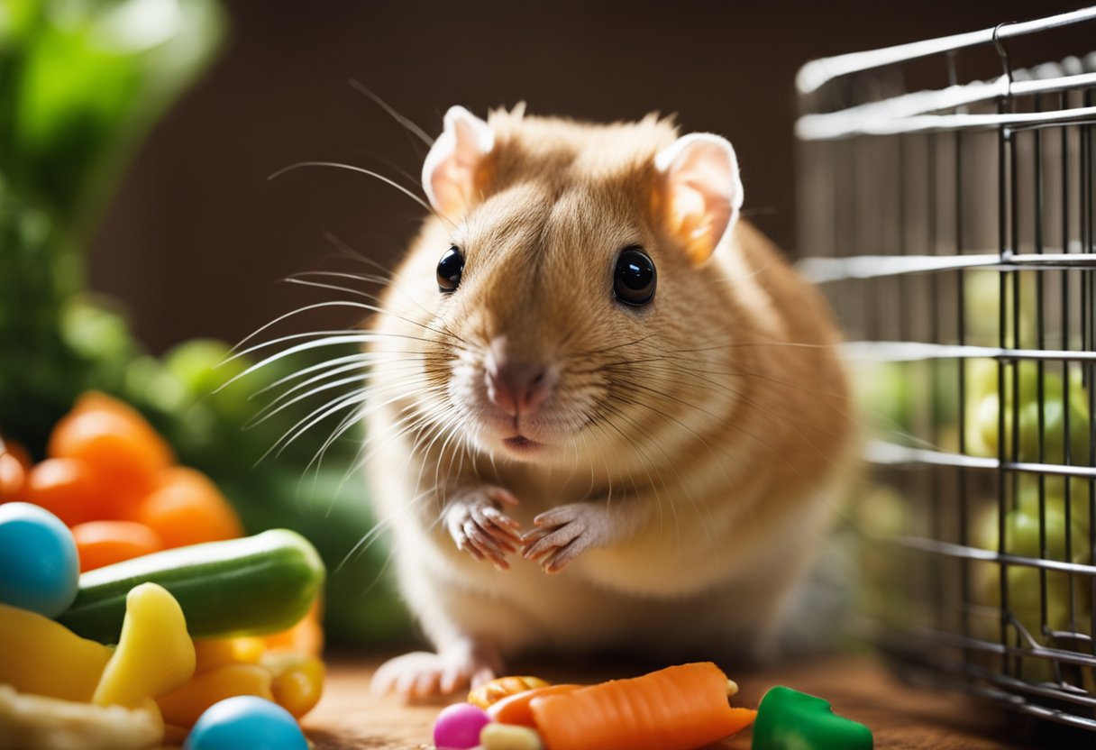 A gerbil sits in a spacious cage with plenty of toys and a cozy nesting area. It nibbles on a piece of fresh vegetable and looks content