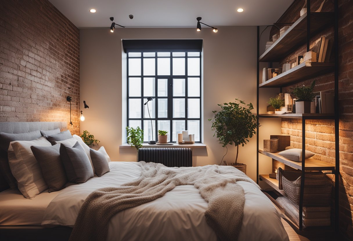 A cozy loft bedroom with warm lighting, exposed brick walls, and a plush bed with layered textures and soft pillows. A large window lets in natural light, and a small reading nook with a comfortable chair and side table adds a touch of relaxation