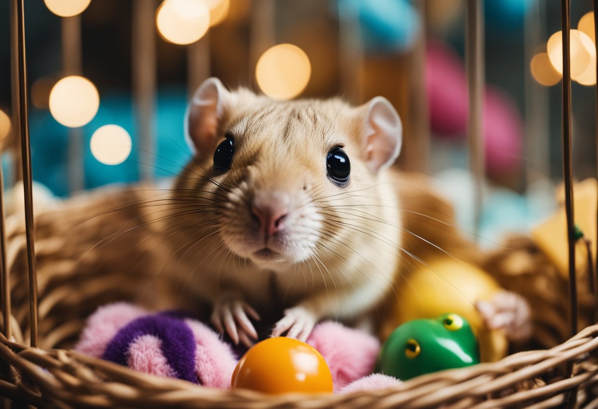 A lone gerbil sits in a cozy cage, surrounded by toys and bedding. Its curious eyes gaze out, seeking companionship