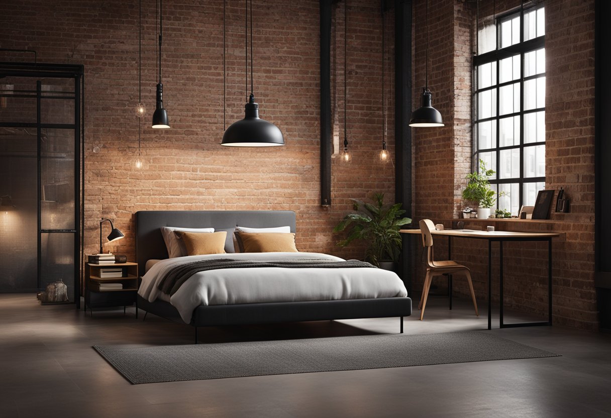 A cozy loft bedroom with a modern, minimalist design. A raised platform bed with sleek, clean lines. Industrial-style pendant lighting and exposed brick walls. A small desk area with a stylish chair