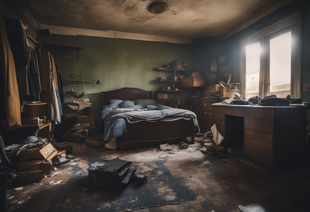 A cluttered bedroom with mismatched furniture, dim lighting, and peeling paint on the walls. A small, worn rug covers the scuffed floor