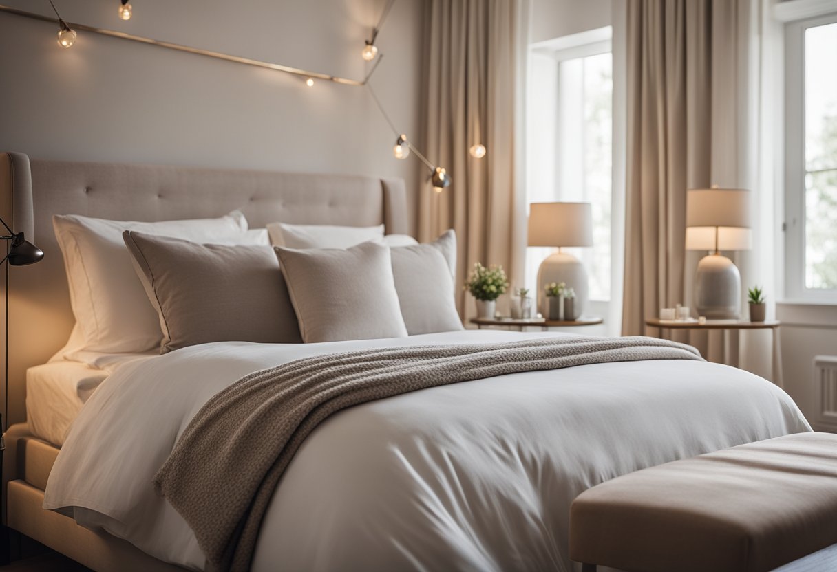 A cozy bedroom with a simple bed, small side table, and a few decorative pillows. Soft lighting and a neutral color palette create a warm and inviting atmosphere