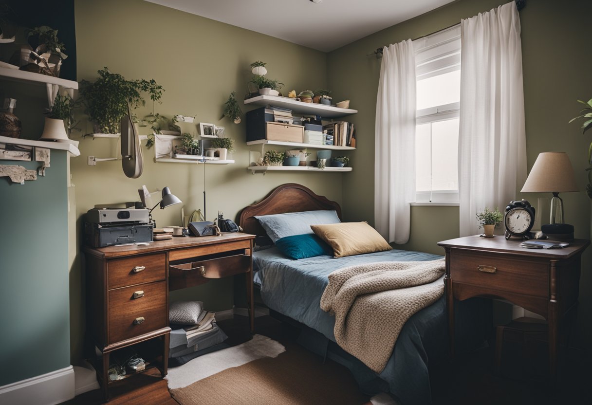 A small, cluttered bedroom with mismatched furniture, peeling paint, and minimal decor. A bed takes up most of the space, and a small desk sits in a corner