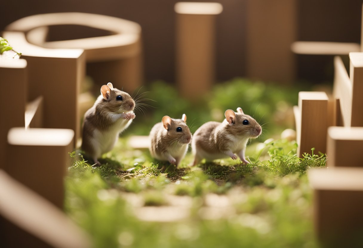 Gerbils scurry through a maze, chasing each other and rolling in a ball. They leap and burrow, enjoying their playful antics