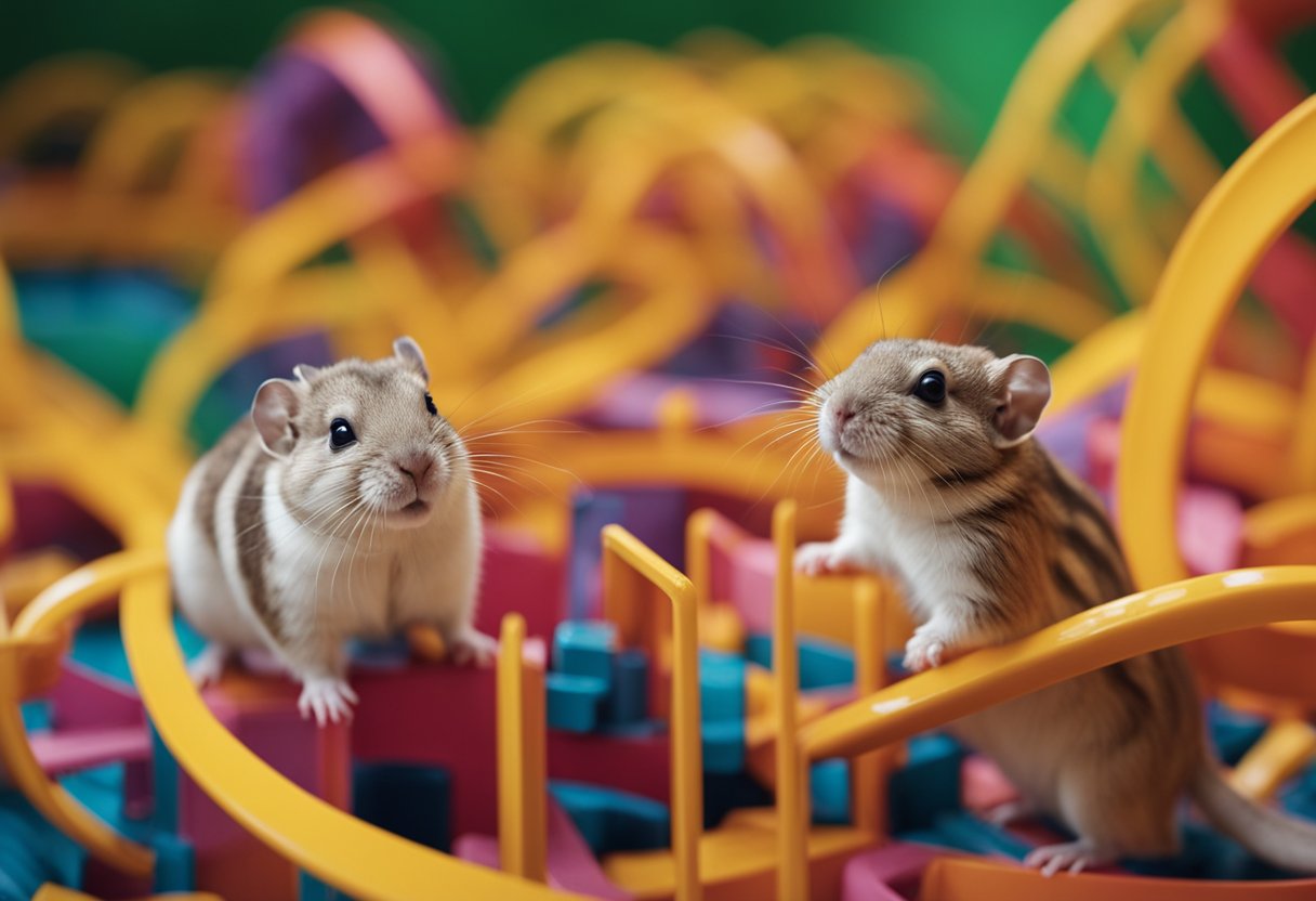 Two gerbils chasing each other around a colorful maze of tunnels and wheels, with excited squeaks and energetic movements