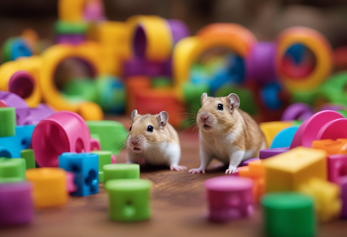 Gerbils scamper through a maze of colorful tunnels and chew on wooden toys. They roll a small ball back and forth, chasing each other in playful delight