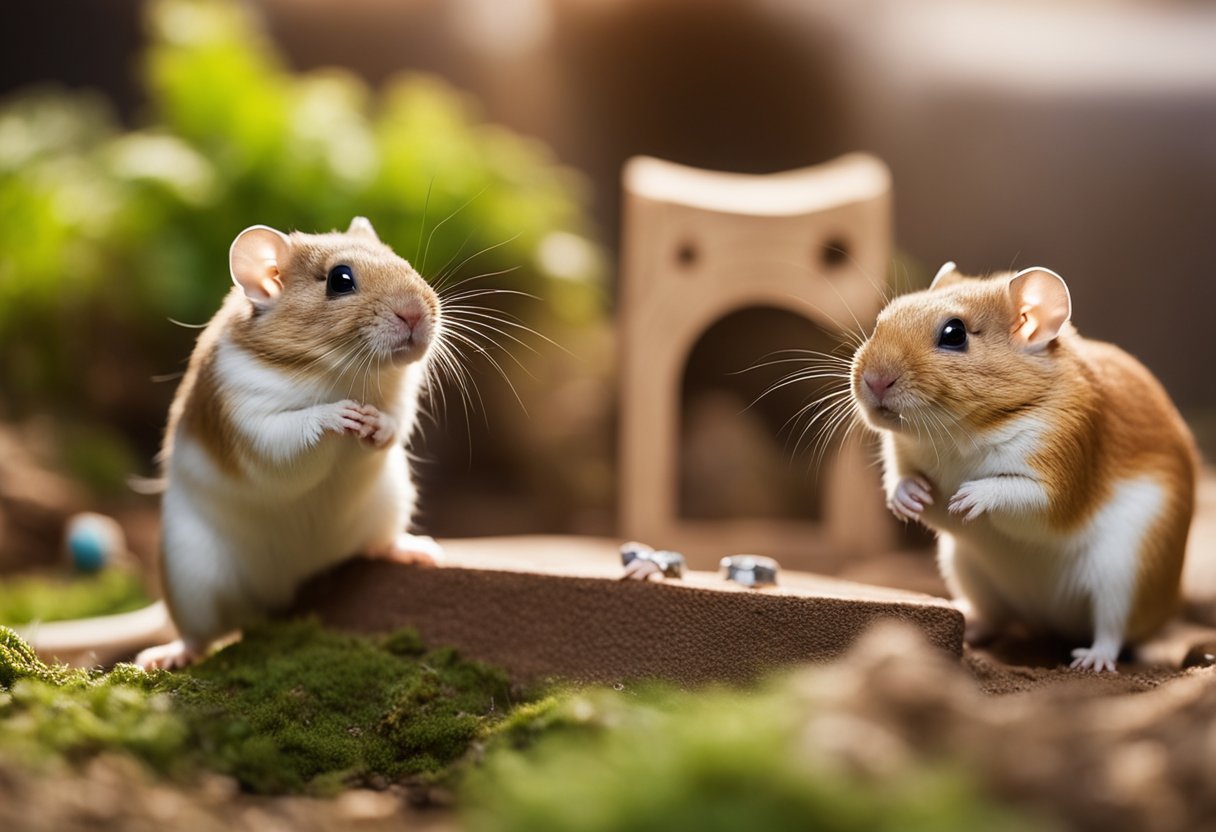 A group of gerbils scurrying around a variety of toys and tunnels in their habitat, showing signs of curiosity and playfulness