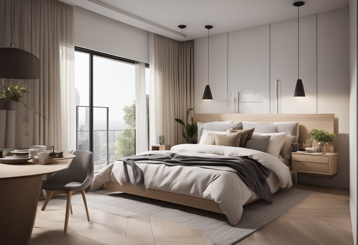 A modern small bedroom with minimalist furniture, a neutral color palette, and ample natural light from a large window