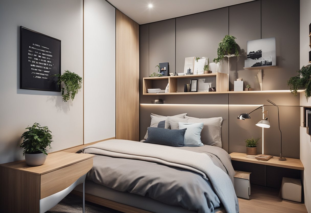 A small bedroom with clever space-saving furniture and storage solutions. Clean lines and minimalistic decor create a modern and functional design
