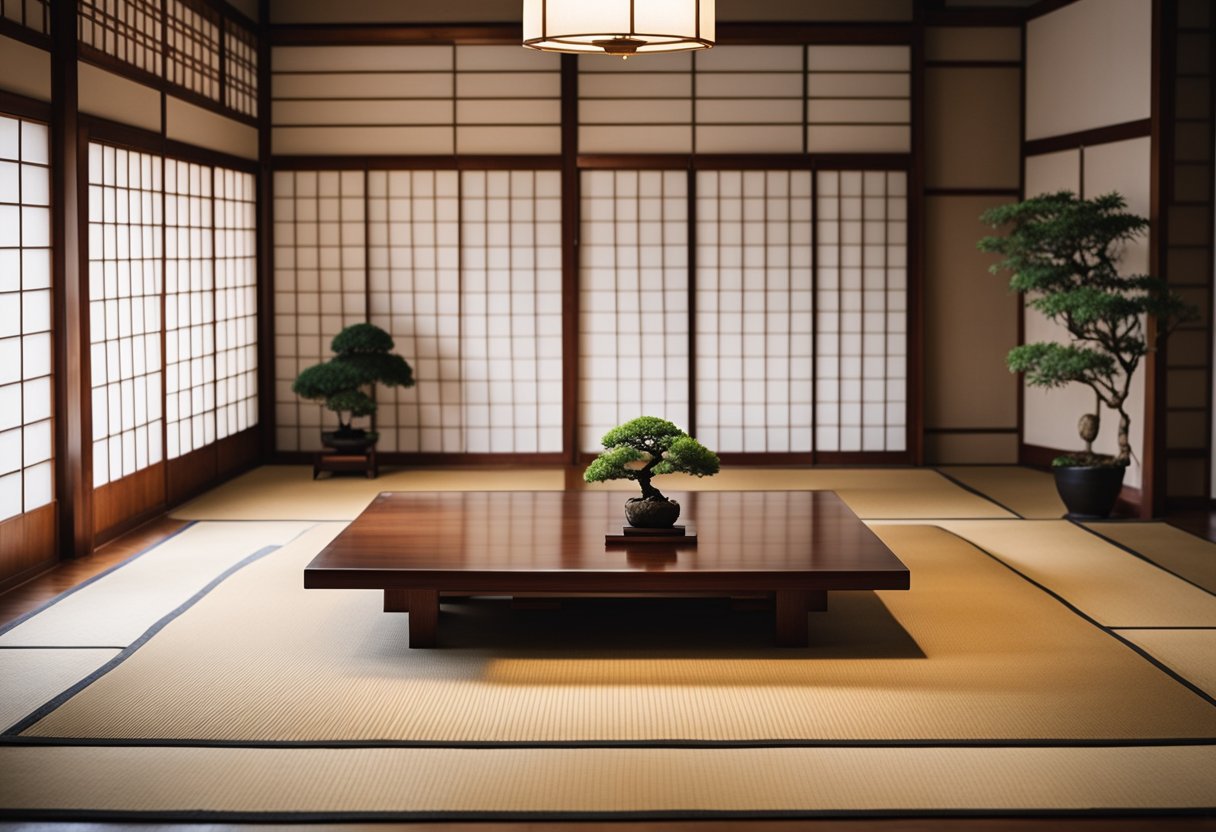 A low Japanese-style bed sits in the center of the room, surrounded by shoji screens and minimalist decor. A tatami mat covers the floor, and a bonsai tree sits on a small wooden table
