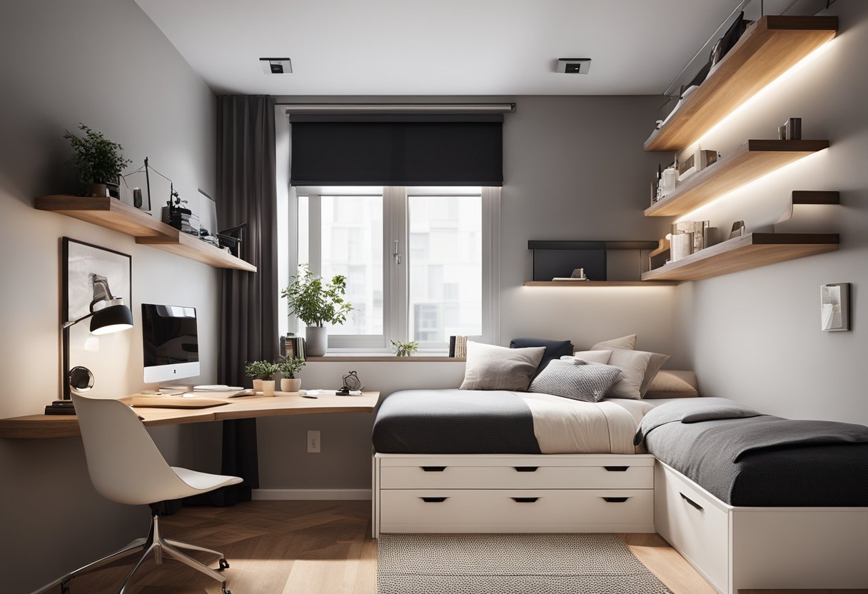 A cozy, minimalist small bedroom with sleek furniture, neutral colors, and space-saving storage solutions. A wall-mounted desk and floating shelves maximize functionality