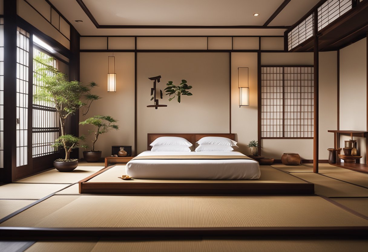A Japanese themed bedroom with clean lines, minimal furniture, and neutral colors. A low platform bed with simple bedding, shoji screens, and a tatami mat floor. Subtle lighting and natural elements like bamboo and bonsai trees