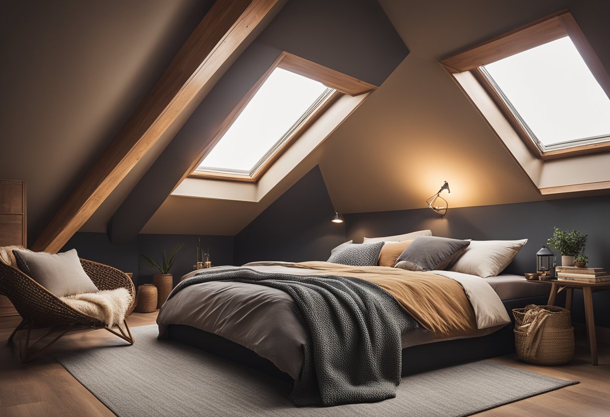 A cozy attic bedroom with sloped ceilings, a large skylight, and a comfortable reading nook by the window. The room is decorated with warm, earthy tones and soft textures, creating a serene and inviting atmosphere