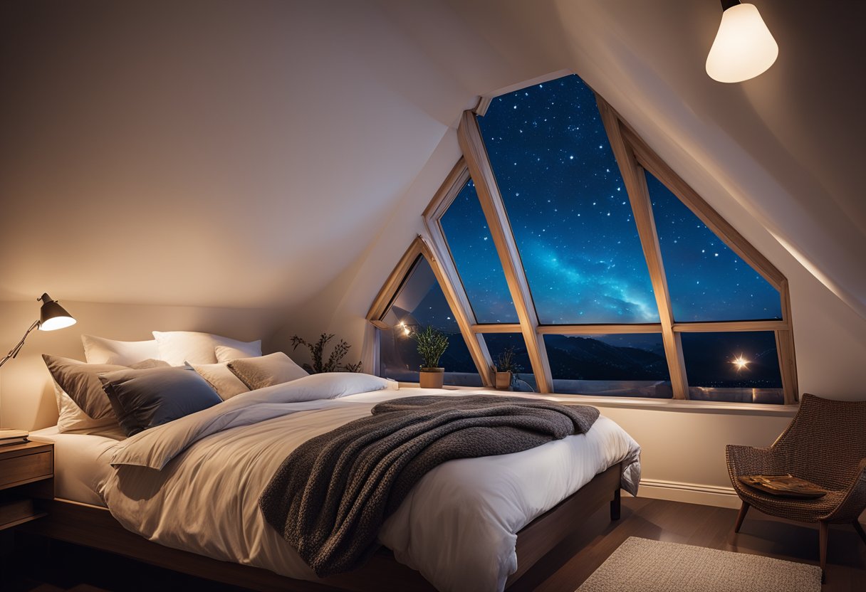 A cozy attic bedroom with sloped ceilings, a plush bed with fluffy pillows, a small reading nook with a comfortable chair and a lamp, and a large window with a view of the night sky