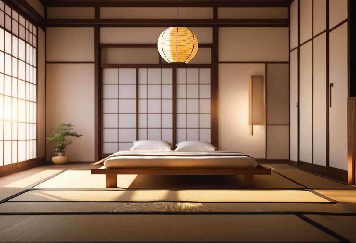 A low, warm light emanates from paper lanterns, casting soft shadows on tatami mats and sliding shoji screens in a serene, minimalist Japanese bedroom