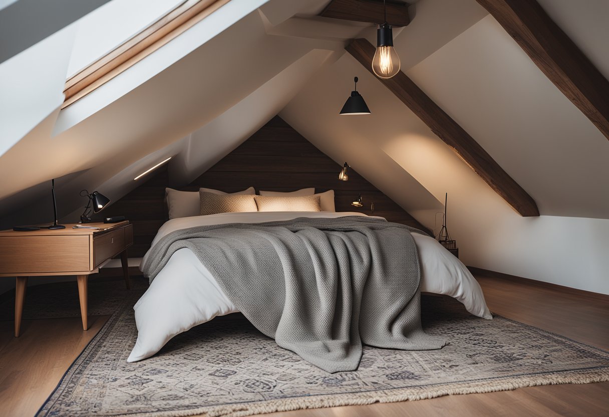 A cozy attic bedroom with a sloped ceiling, a plush bed with throw pillows, a vintage rug, and a small writing desk with a stylish lamp