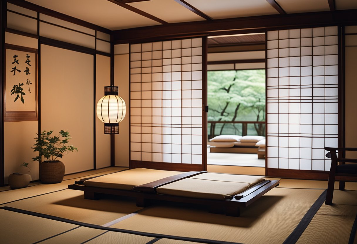 A cozy Japanese-themed bedroom with traditional tatami flooring, sliding shoji screens, a low futon bed, and minimalist decor. A paper lantern softly illuminates the room, creating a serene and tranquil atmosphere