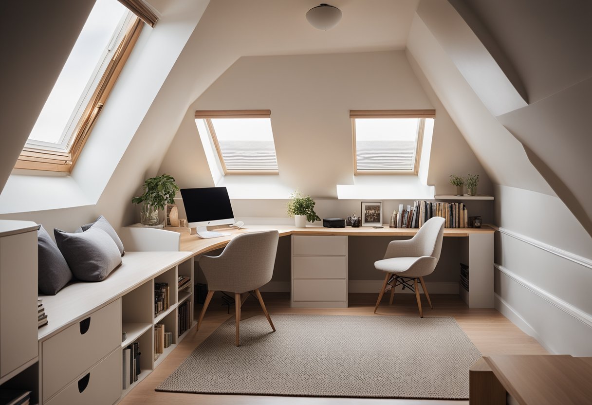An attic bedroom with cozy decor, sloped ceilings, and a built-in window seat. A small desk and bookshelves create a cozy reading nook