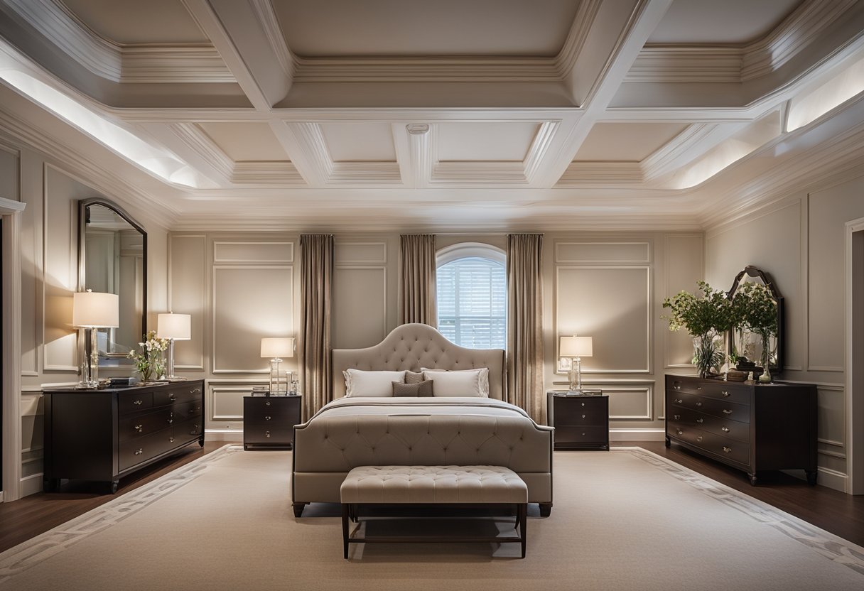 A spacious master bedroom with a high, coffered ceiling featuring intricate molding and recessed lighting for a luxurious and elegant ambiance