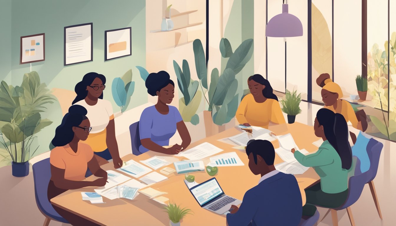 A group of women receiving financial support to start their own businesses. They are gathered around a table, discussing their plans and ideas, while a representative explains the terms of the loan