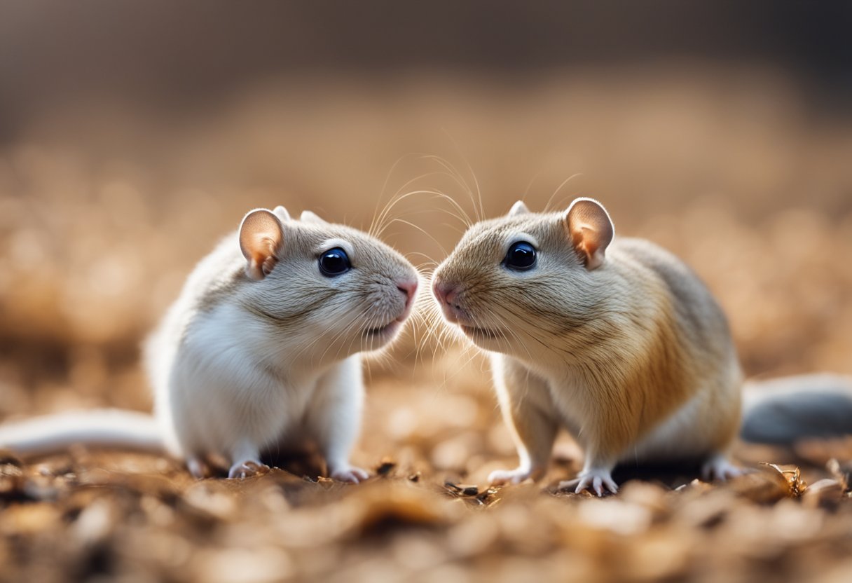 Two gerbils facing each other, one with raised fur and bared teeth, while the other cowers and tries to escape