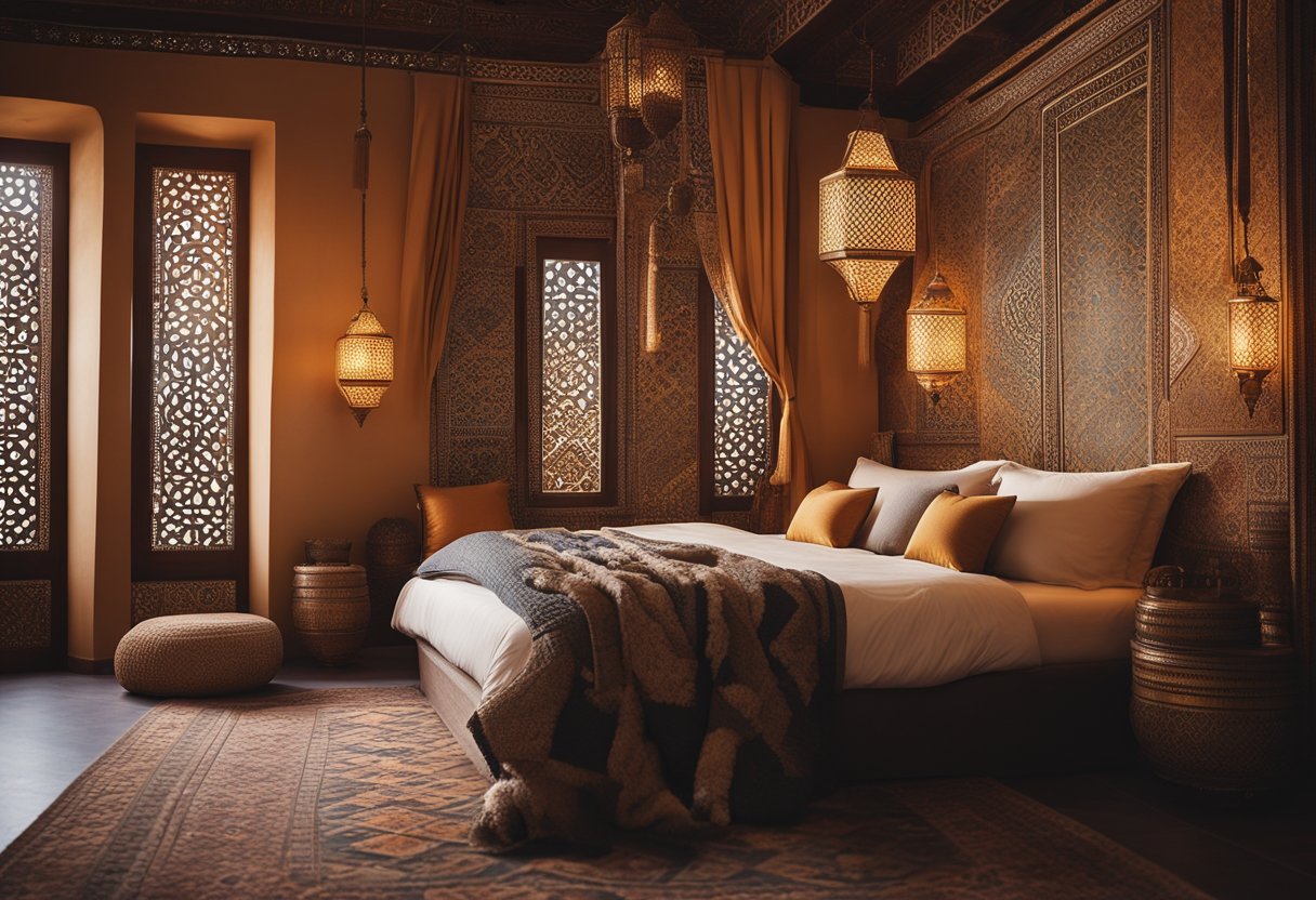 A cozy Moroccan bedroom with intricate mosaic patterns, ornate lanterns, and plush textiles. Rich, warm colors and geometric shapes create a serene and inviting atmosphere