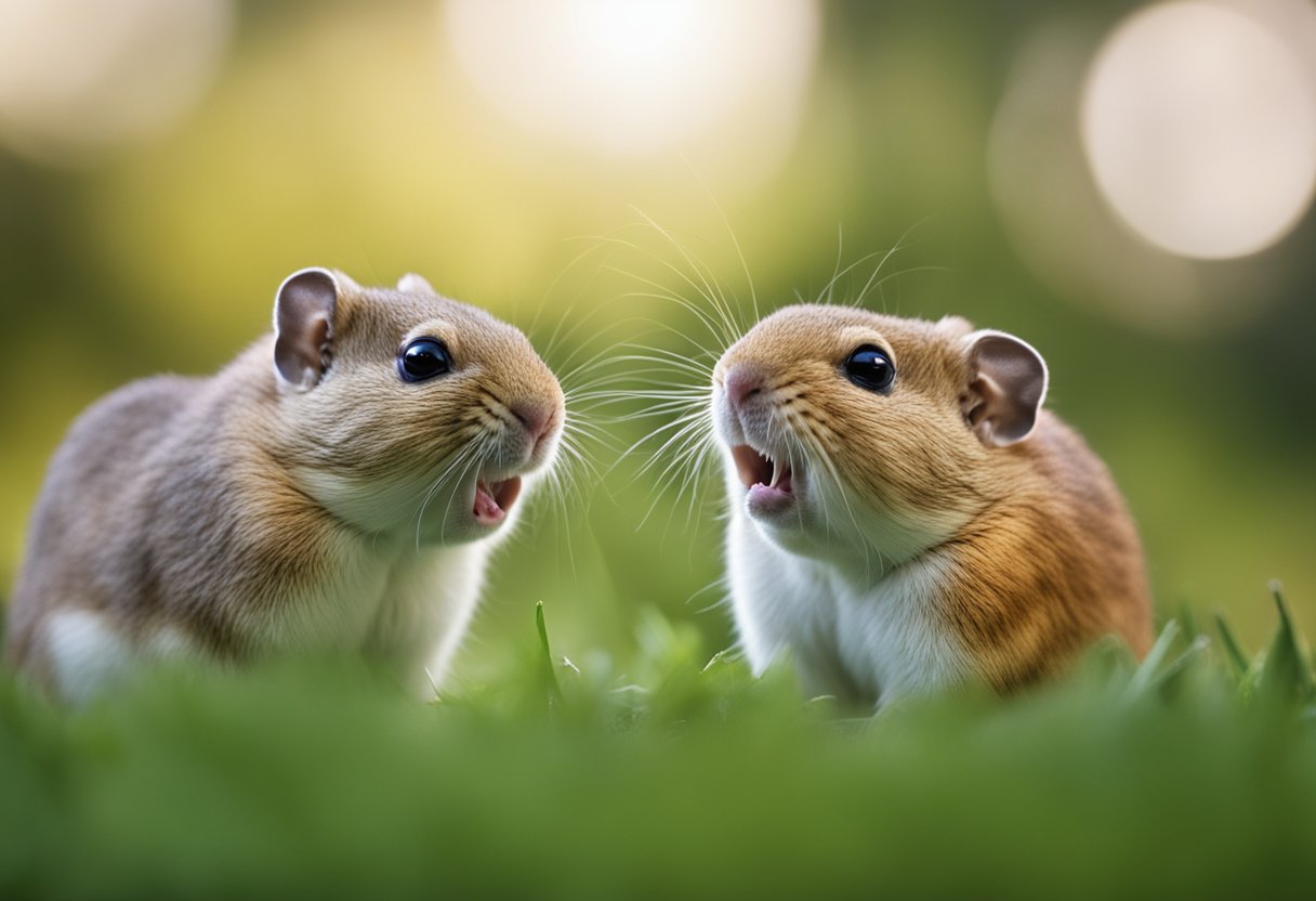 Two gerbils face off, one baring its teeth and arching its back. The other cowers, ears flattened