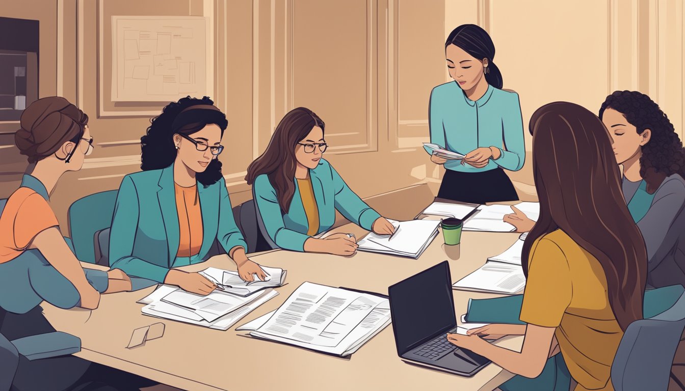 A group of women gather around a table, discussing business plans and holding documents. A sign on the wall reads "Empowering Women Entrepreneurs."