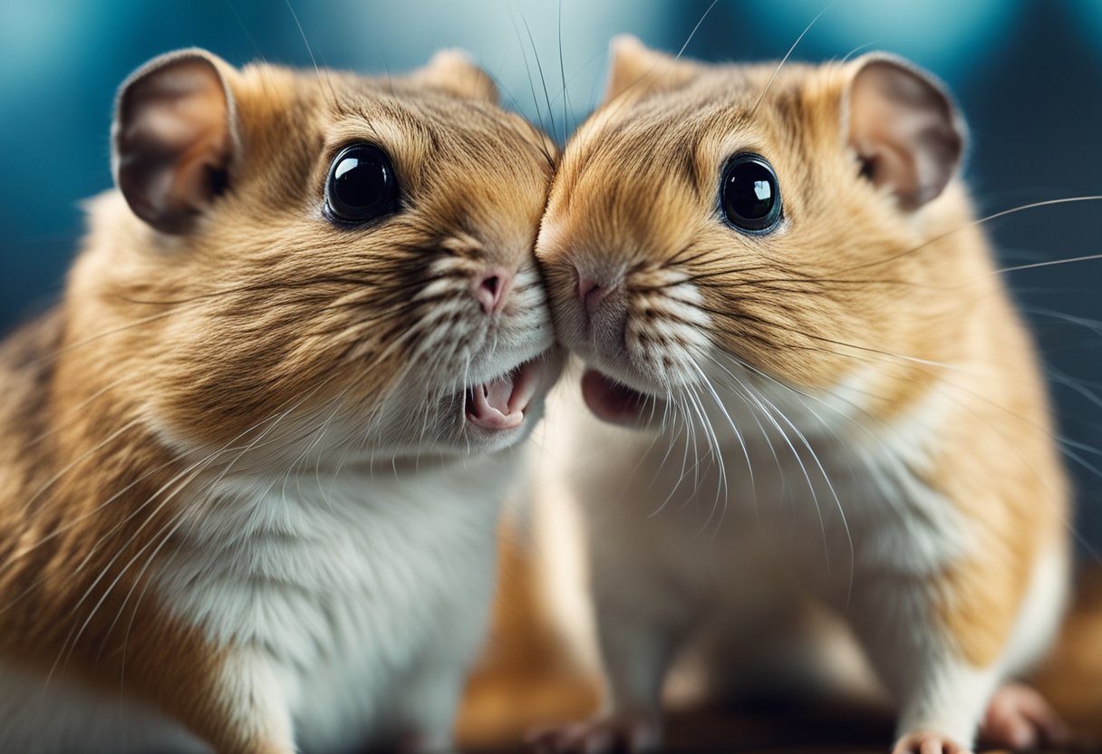 Two gerbils facing each other, teeth bared, with raised fur and aggressive body language