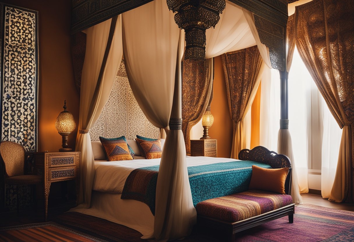 A cozy Moroccan bedroom with vibrant colors, intricate patterns, and ornate furniture. A canopy bed with flowing curtains, plush rugs, and mosaic tile accents complete the design