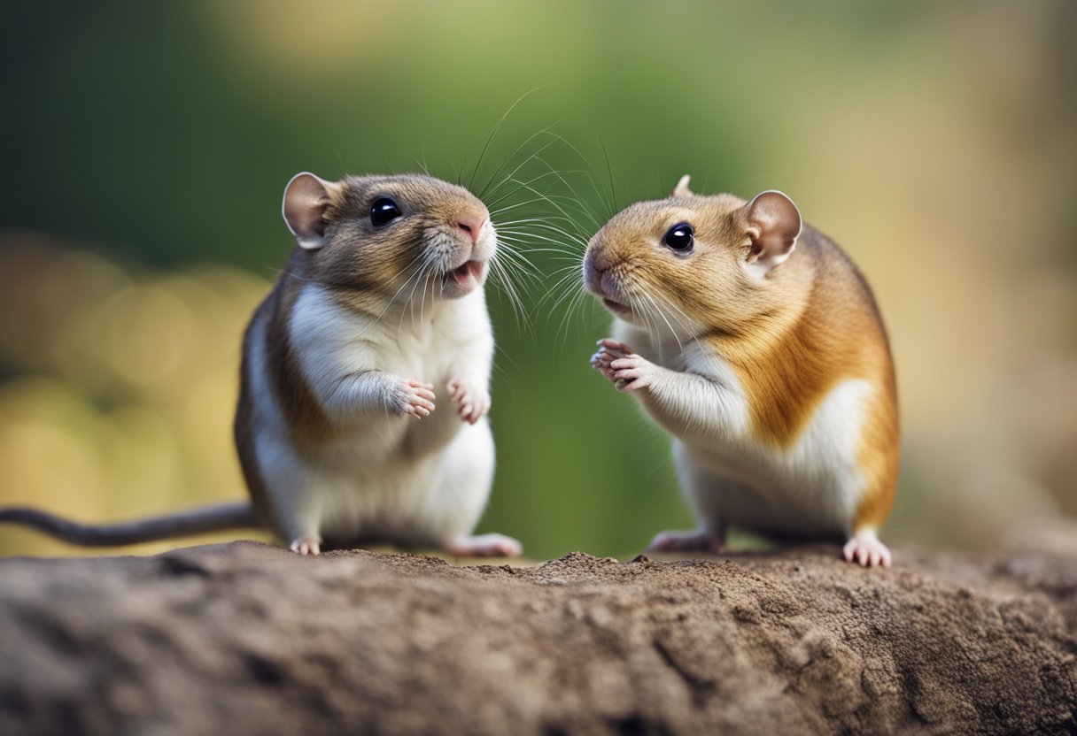 Two gerbils facing each other, teeth bared, tails raised, in a defensive posture