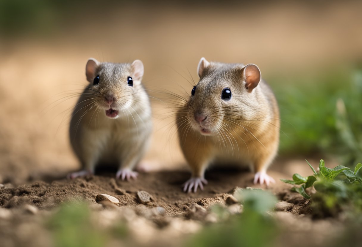 A gerbil stands on hind legs, baring its teeth. Another gerbil cowers nearby, ears flattened