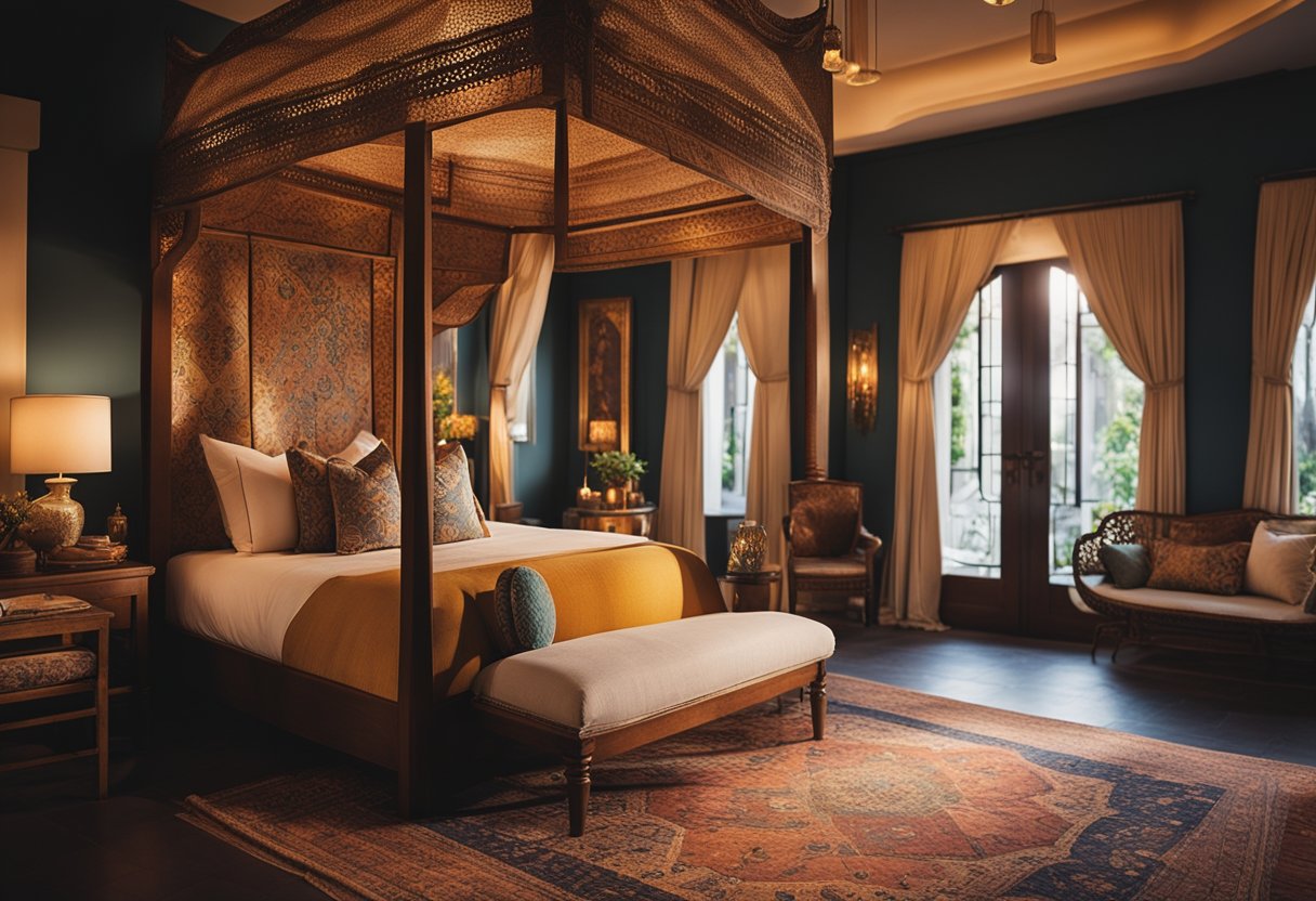A cozy bedroom with vibrant colors, intricate patterns, and ornate furniture. A canopy bed with flowing curtains, plush pillows, and a woven rug on tiled floors. Warm lighting from lanterns and candles creates a tranquil atmosphere