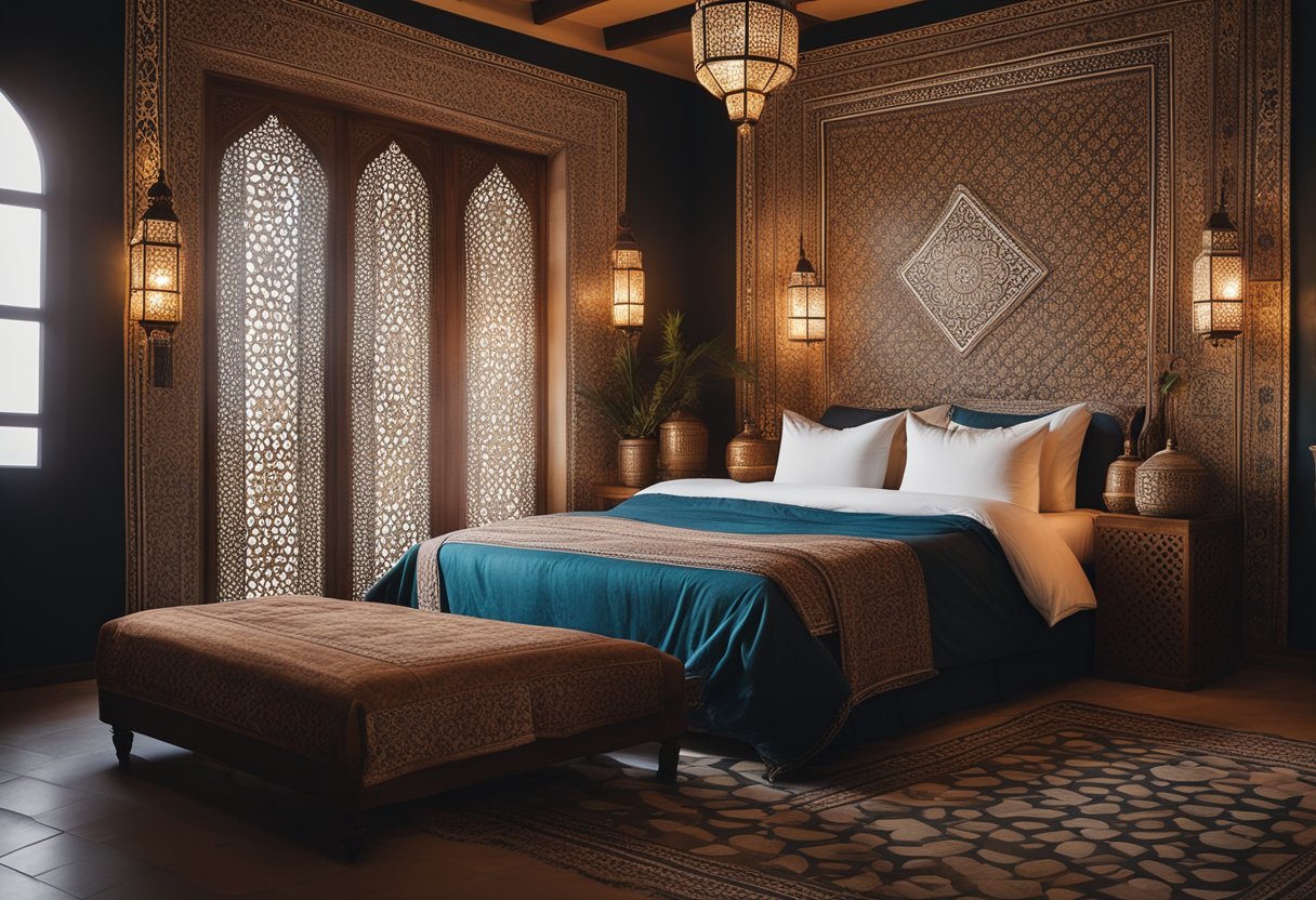 A cozy Moroccan bedroom with intricate tile work, ornate lanterns, and richly patterned textiles