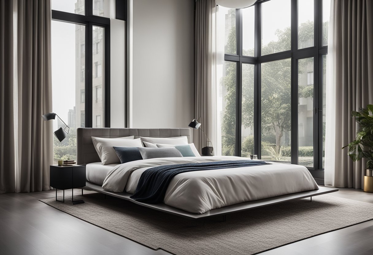 A modern bedroom with a minimalist design, featuring a sleek platform bed, a geometric rug, and a large window with sheer curtains