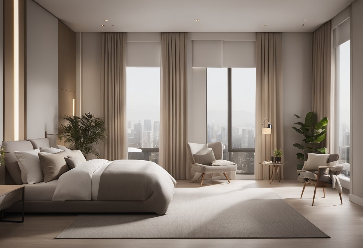 A modern, minimalist bedroom with sleek furniture, soft lighting, and a neutral color palette. Clean lines and a sense of tranquility characterize the space