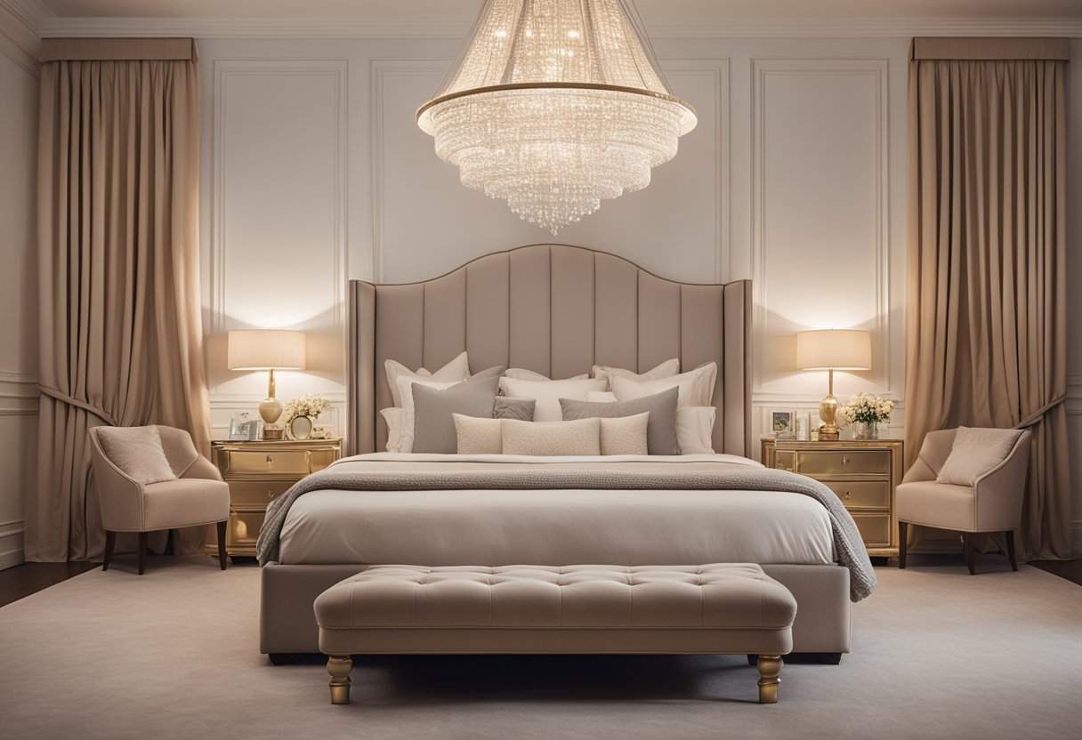 A luxurious king-size bed sits in the center of the room, surrounded by elegant furniture and soft lighting. The color scheme is a soothing combination of neutrals and pastels, with plush textiles and tasteful decor adding to the overall feeling of comfort and