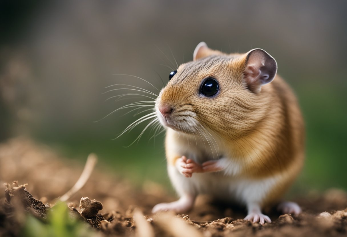 A gerbil hunched over, clutching its stomach, with a pained expression on its face