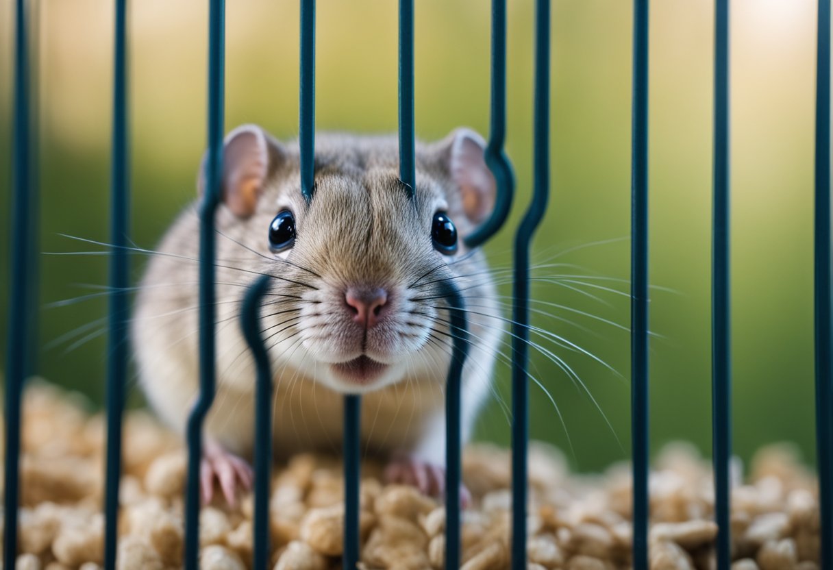 A gerbil in a cage, nose twitching, eyes alert. A research article on pain in gerbils is open nearby