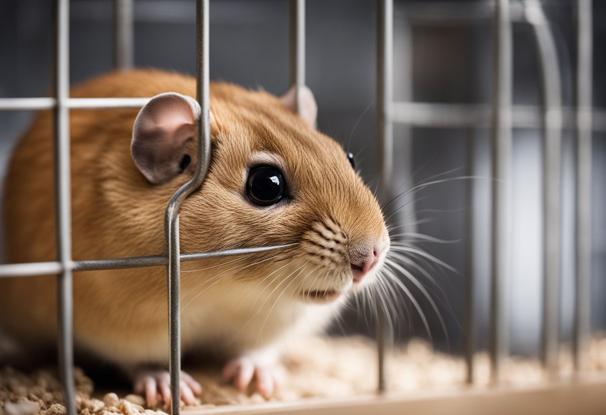 A gerbil is shown in a cage, huddled in a corner, with a pained expression on its face and a paw held close to its body