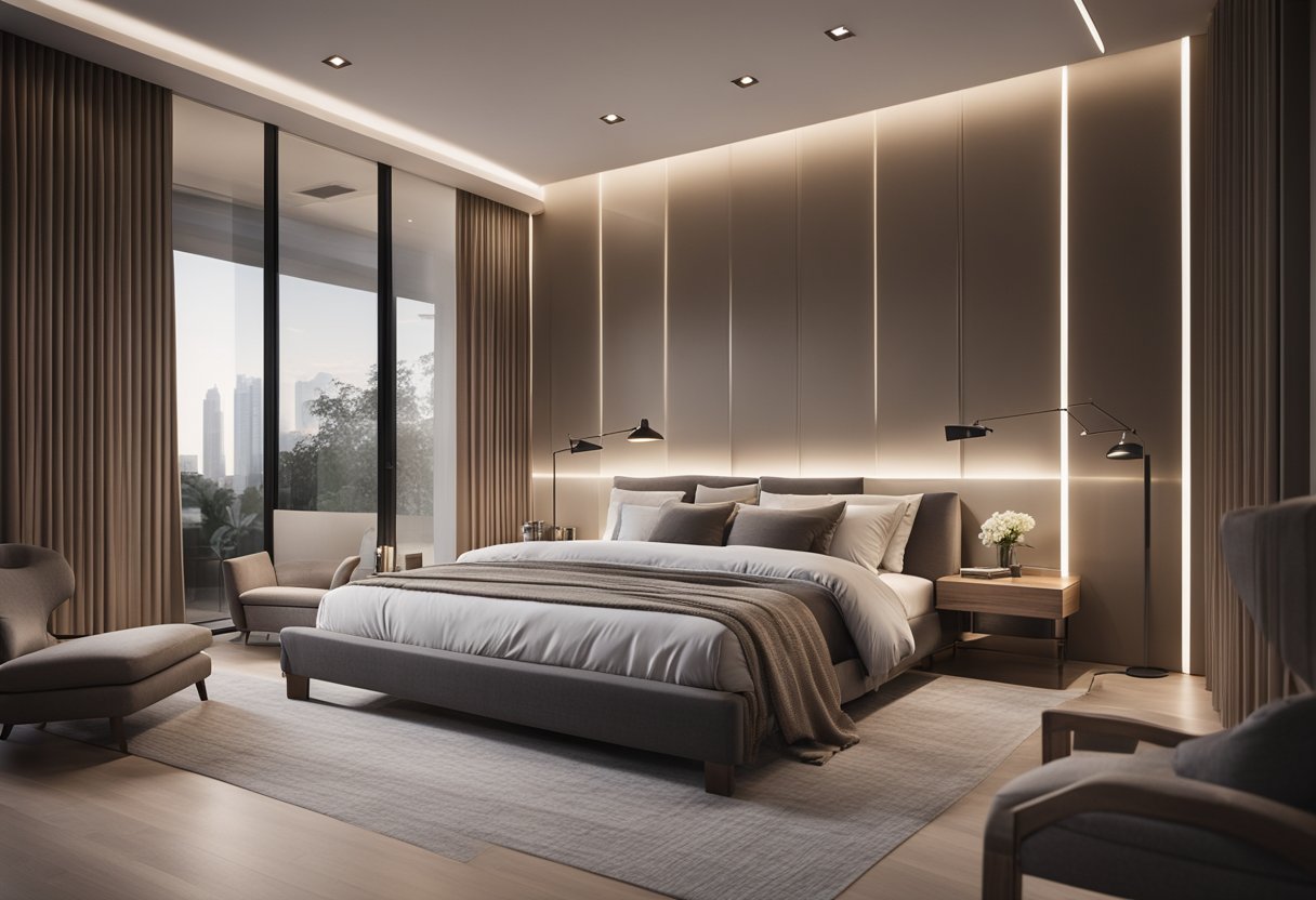 A modern bedroom with sleek furniture, soft lighting, and minimalistic decor. A large, comfortable bed is the focal point, with clean lines and neutral tones throughout the space