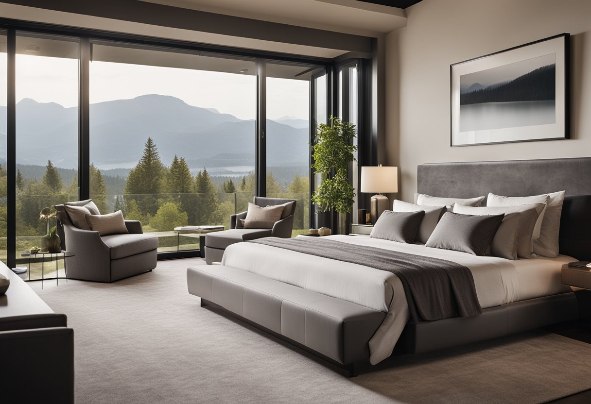 A spacious master bedroom with a king-sized bed centered against a feature wall, flanked by matching nightstands, and a cozy seating area with a large window overlooking a scenic view