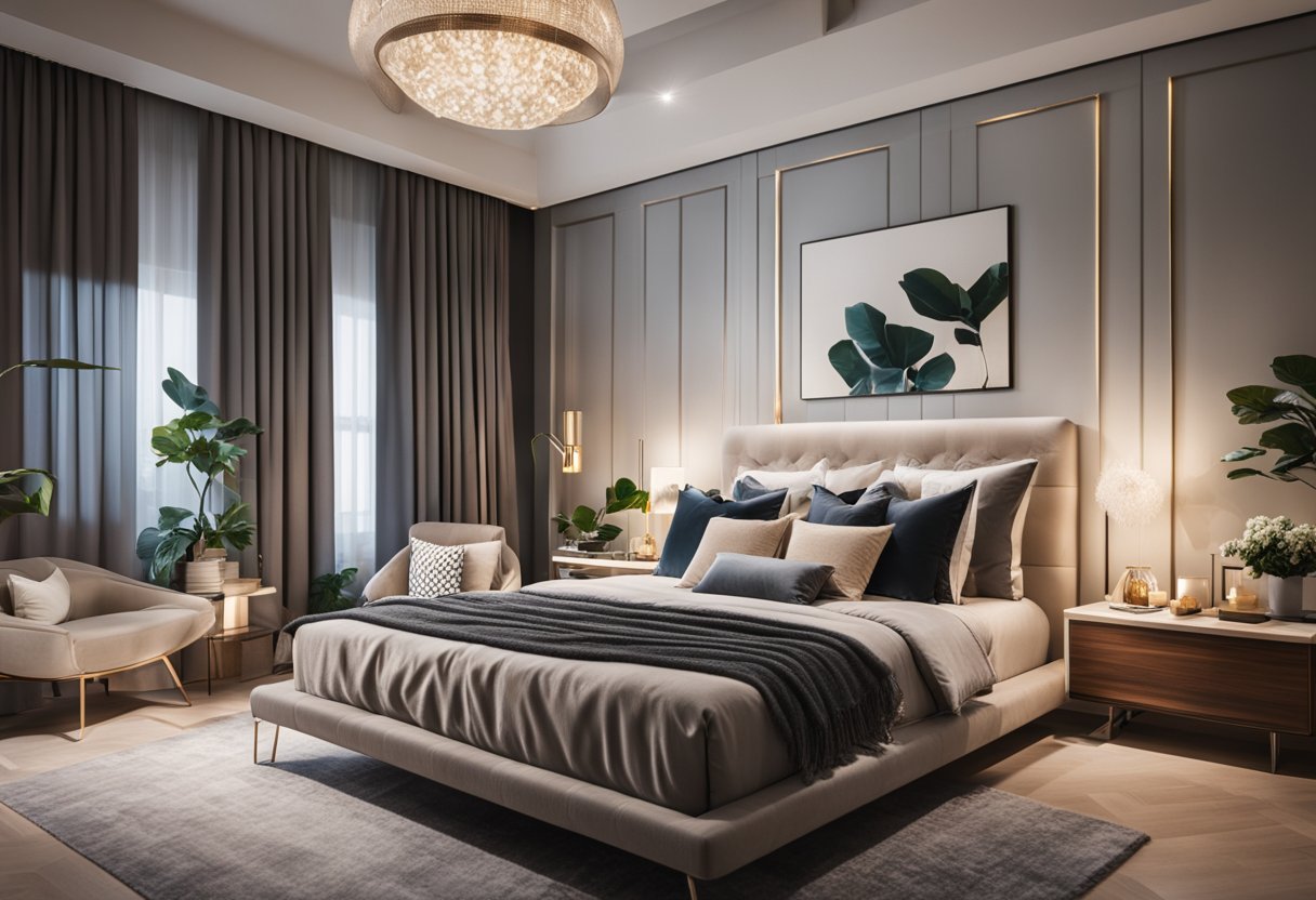 A cozy master bedroom with a plush bed, soft lighting, and personalized decor. A spacious layout with a seating area and a stylish nightstand