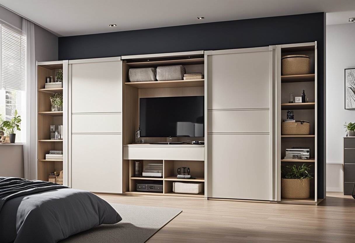 A compact bedroom cabinet with sliding doors and built-in shelves for small spaces