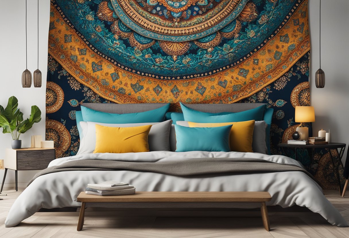 A large, intricately patterned tapestry hangs on the back wall of the bedroom, creating a focal point with its bold colors and intricate designs