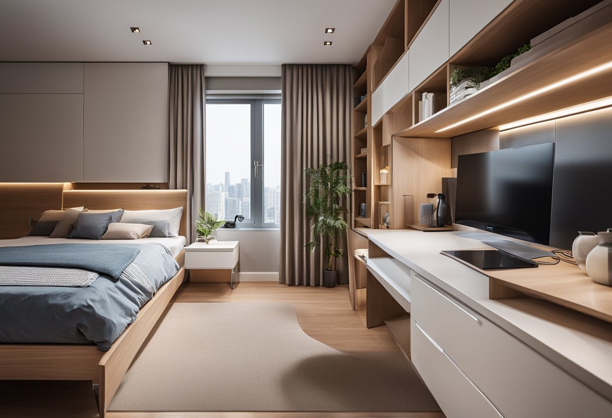 A small bedroom with cleverly designed cabinets, maximizing space with smart storage solutions