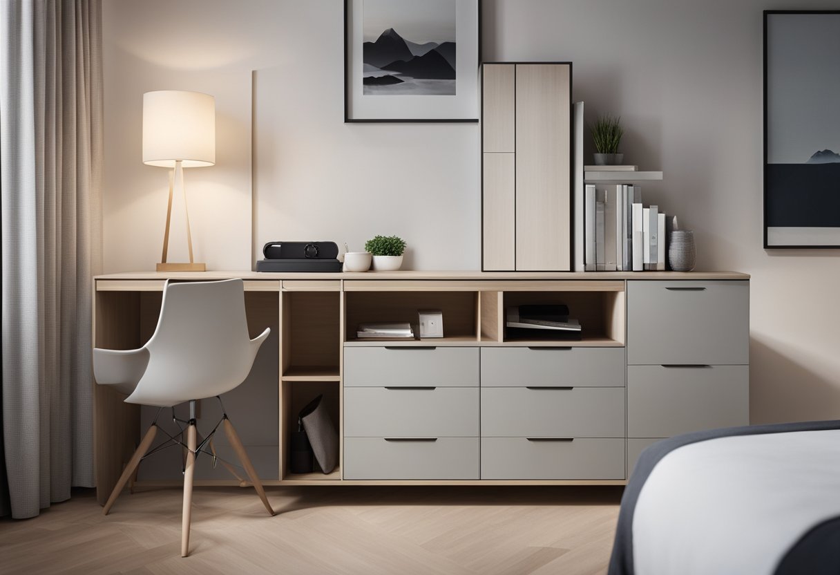 A sleek, modern bedroom cabinet with clean lines and efficient storage solutions, designed to maximize space in small bedrooms