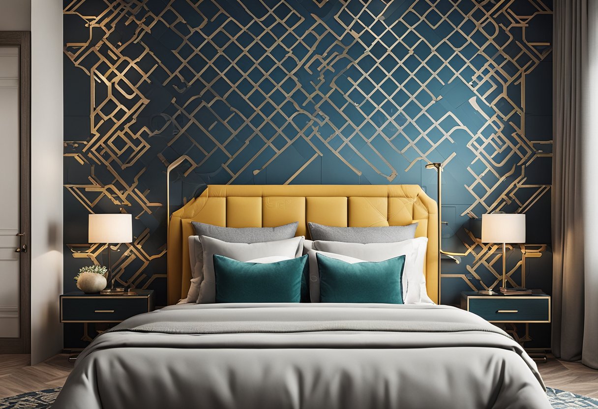 The bedroom back wall features geometric patterns and a bold color scheme. The decor includes a large mirror and modern wall sconces