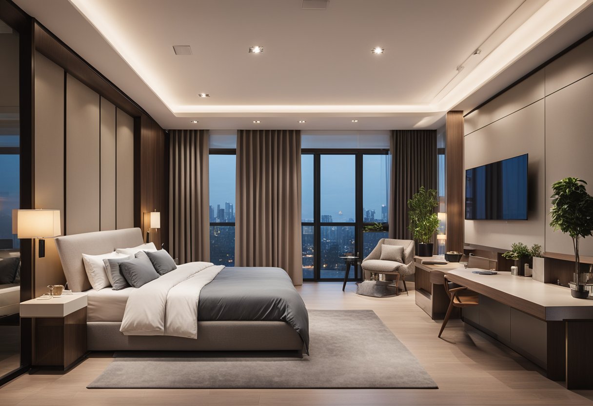 A spacious master bedroom with modern HDB design, featuring a large comfortable bed, sleek built-in wardrobes, soft ambient lighting, and a cozy seating area