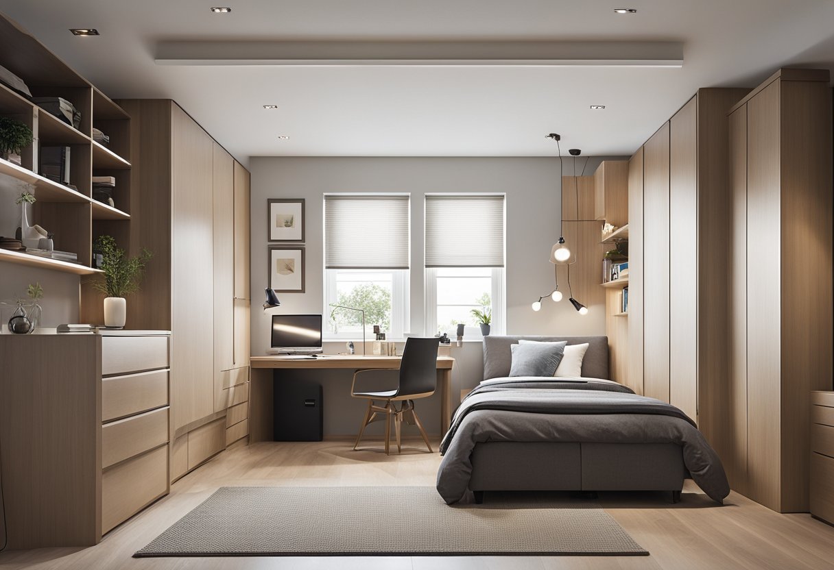 A small bedroom with a compact cabinet, maximizing space with clever storage solutions. Clean lines and neutral colors create a modern and functional design